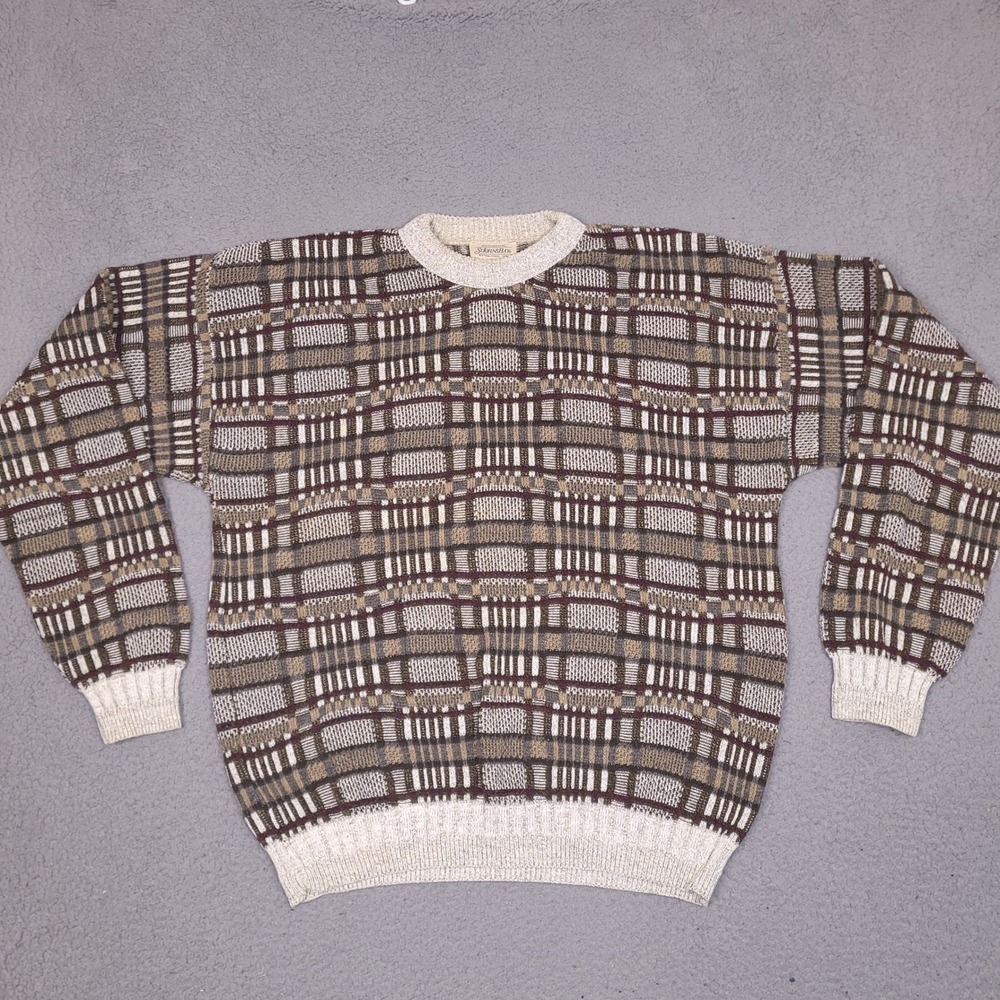 Vintage St John's Bay Sweater Men XL Brown Beige Plaid Check Chunky Knit Grandpa